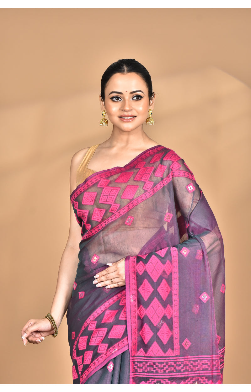 Morchari Pure Cotton Dhakai Jamdani Handloom Saree-Magenta | Grocsy