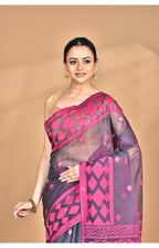 Morchari Pure Cotton Dhakai Jamdani Handloom Saree-Magenta | Grocsy