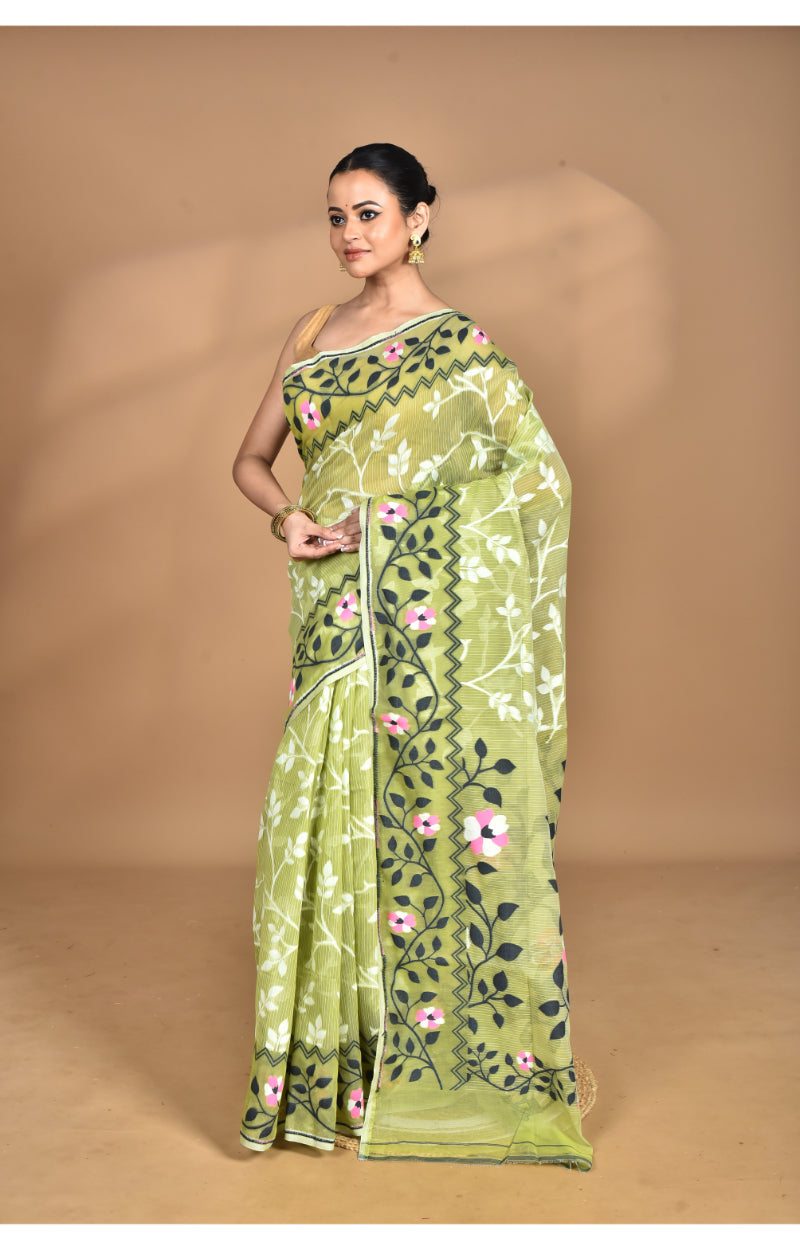 Morchari Pure Cotton Dhakai Jamdani Handloom Saree-Green | Grocsy