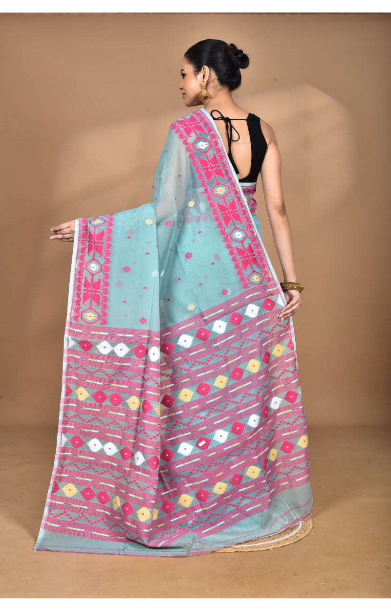 Morchari Pure Cotton Dhakai Jamdani Handloom Saree-Blue | Grocsy