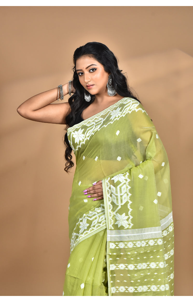 Morchari Pure Cotton Dhakai Jamdani Handloom Saree-Green | Grocsy