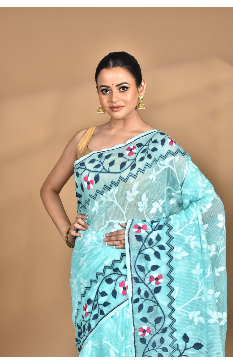 Morchari Pure Cotton Dhakai Jamdani Handloom Saree-Green | Grocsy