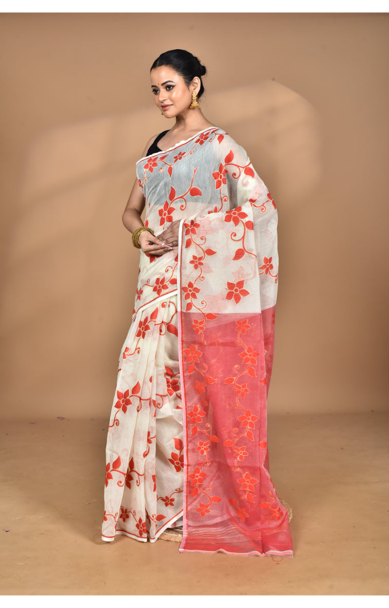 Morchari Pure Cotton Dhakai Jamdani Handloom Saree-Off White | Grocsy