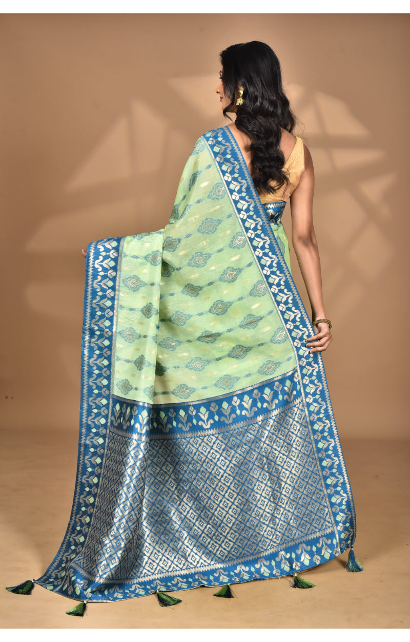 Morchari Women Desgin Kashmiri Silk Linen Saree-Green | Grocsy