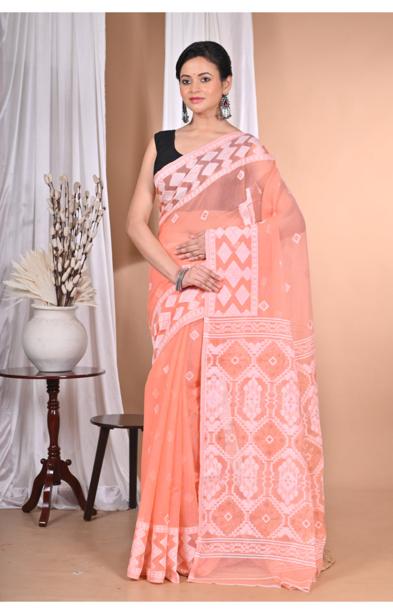 Morchari Pure Cotton Dhakai Jamdani Handloom Saree-Peach | Grocsy
