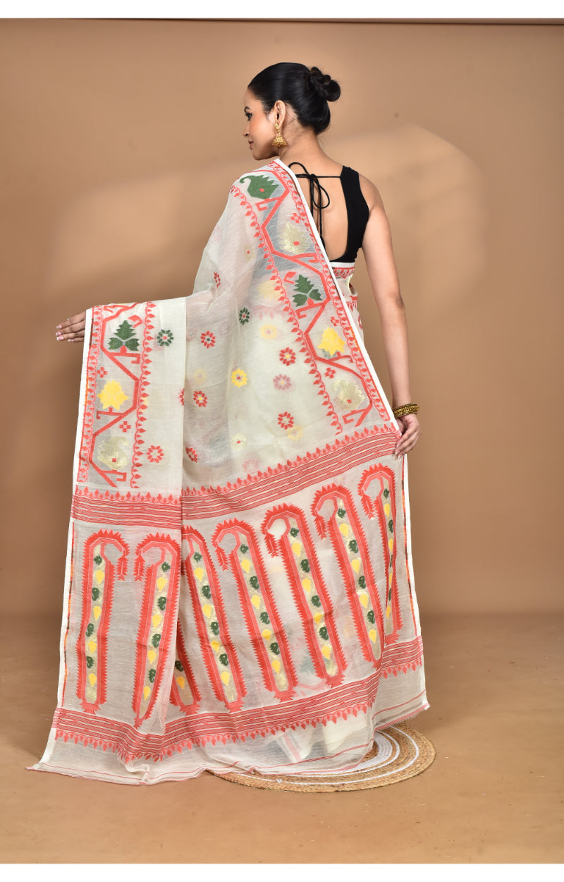Morchari Pure Cotton Dhakai Jamdani Handloom Saree-Cream | Grocsy
