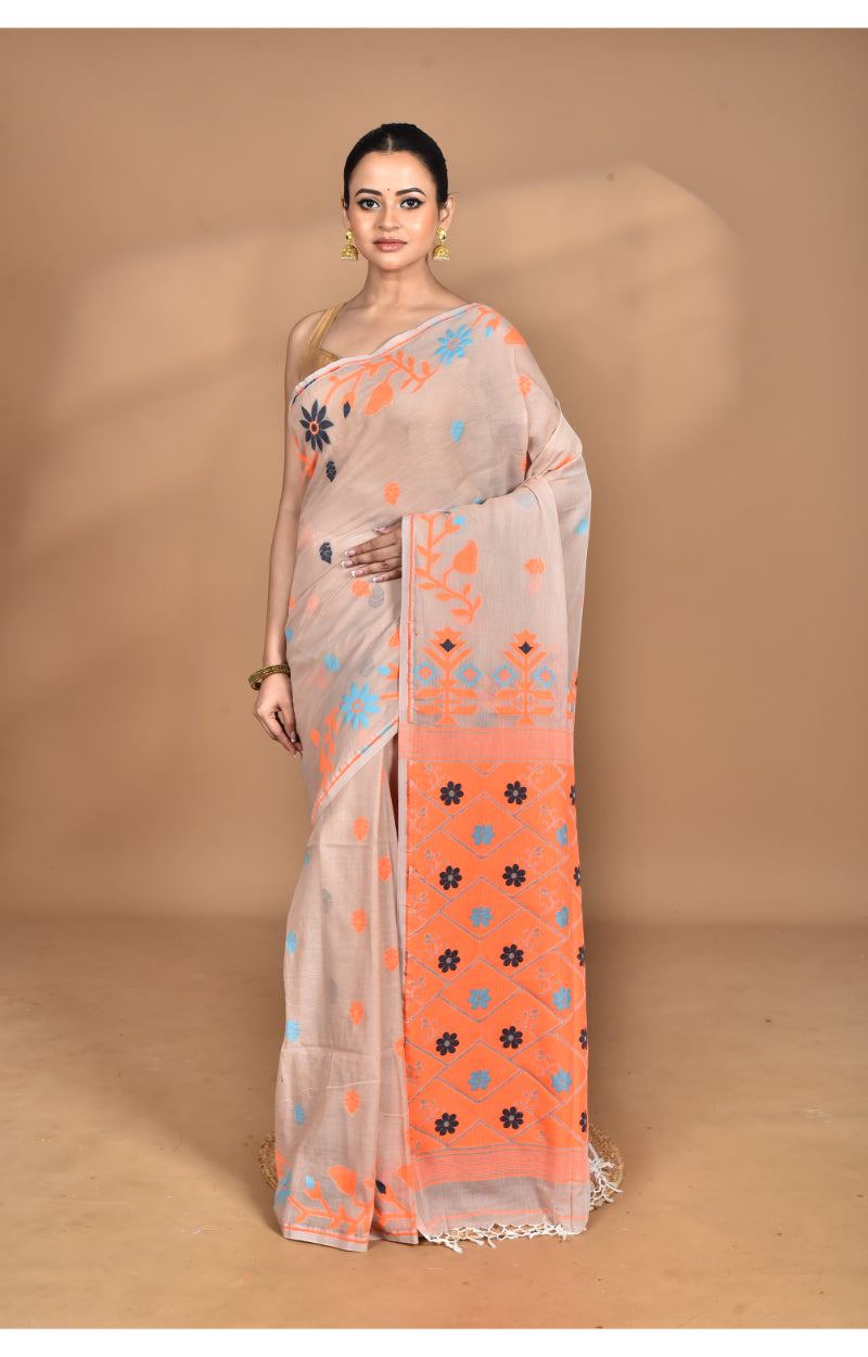 Morchari Pure Cotton Dhakai Jamdani Handloom Saree-Beige | Grocsy