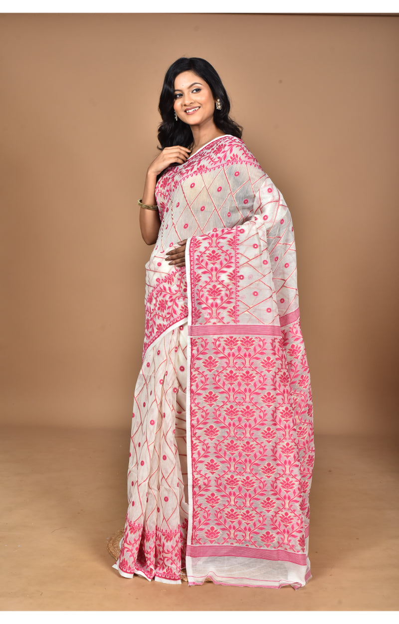 Morchari Pure Cotton Dhakai Jamdani Handloom Saree-Off White | Grocsy