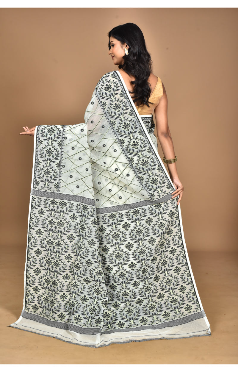 Morchari Pure Cotton Dhakai Jamdani Handloom Saree-Cream | Grocsy