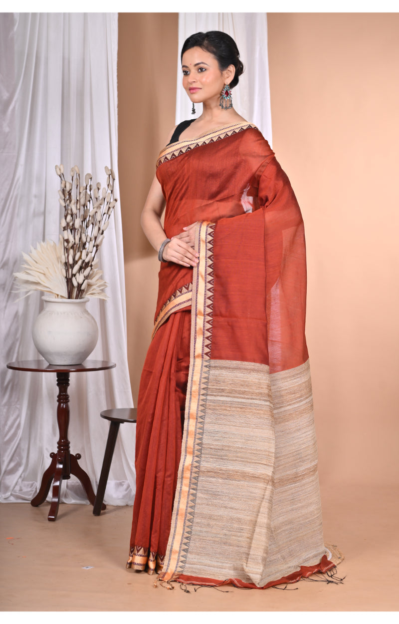 Morchari Pure Cotton Dhakai Jamdani Handloom Saree-Brown | Grocsy