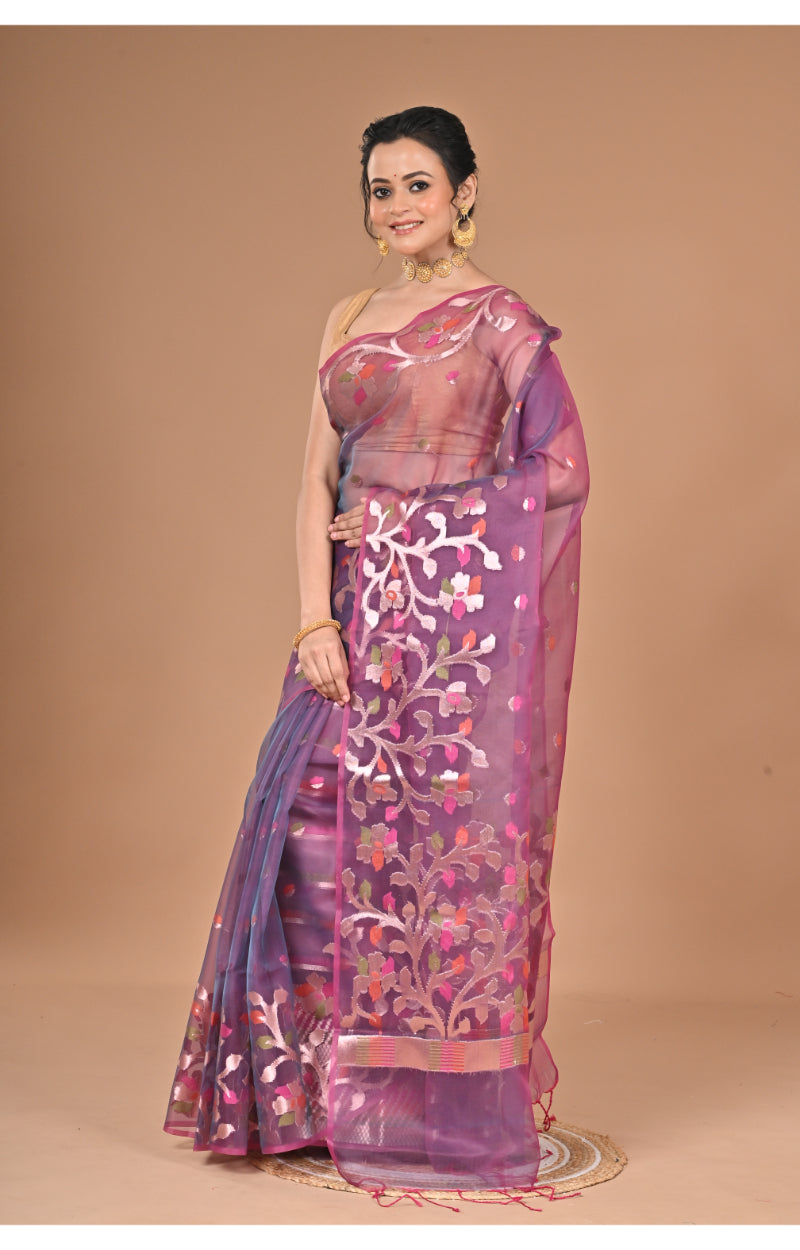 Morchari Semi Orzanga Jamdani Silk Saree-Wine | Grocsy