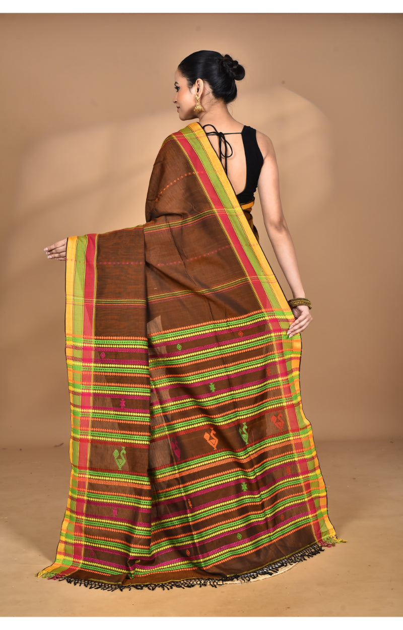Morchari Pure Cotton Dhakai Jamdani Handloom Saree-Brown | Grocsy