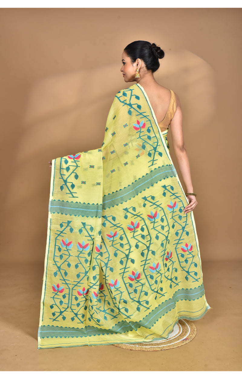 Morchari Pure Cotton Dhakai Jamdani Handloom Saree-Yellow | Grocsy