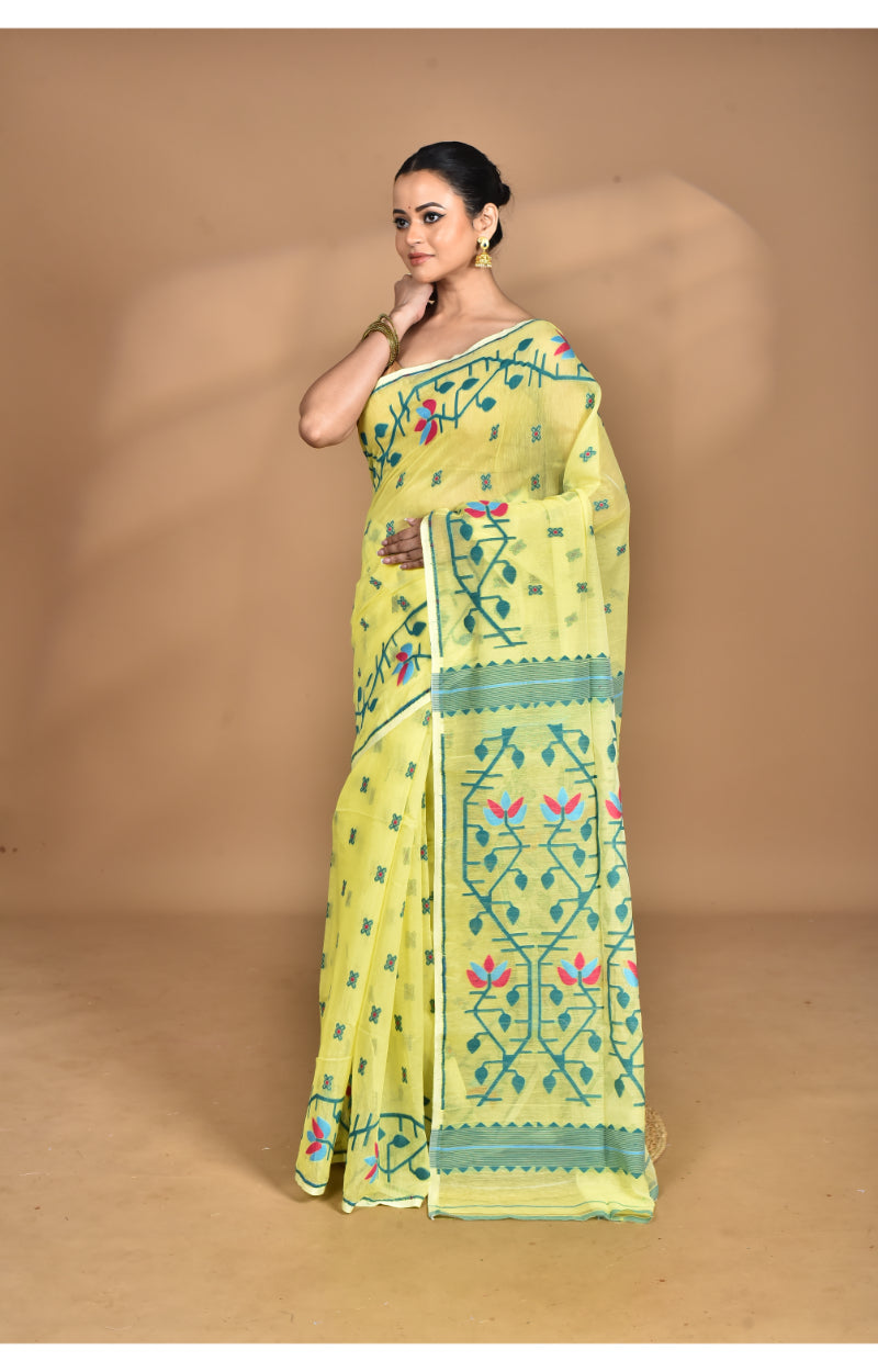 Morchari Pure Cotton Dhakai Jamdani Handloom Saree-Yellow | Grocsy