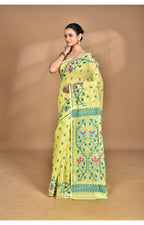 Morchari Pure Cotton Dhakai Jamdani Handloom Saree-Yellow | Grocsy