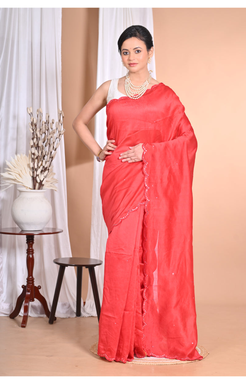 Morchari Pure Chandari Mirror Work Saree-Red | Grocsy