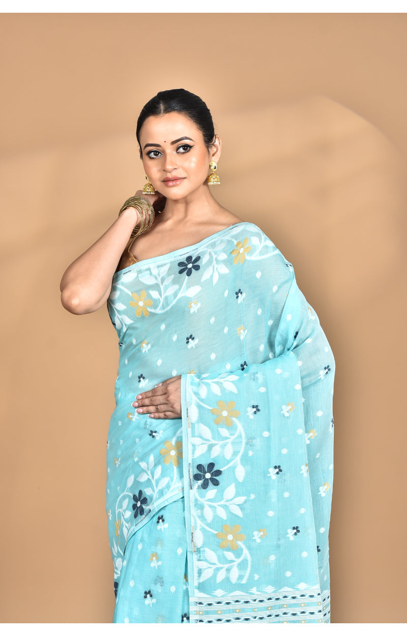 Morchari Pure Cotton Dhakai Jamdani Handloom Saree-Blue | Grocsy