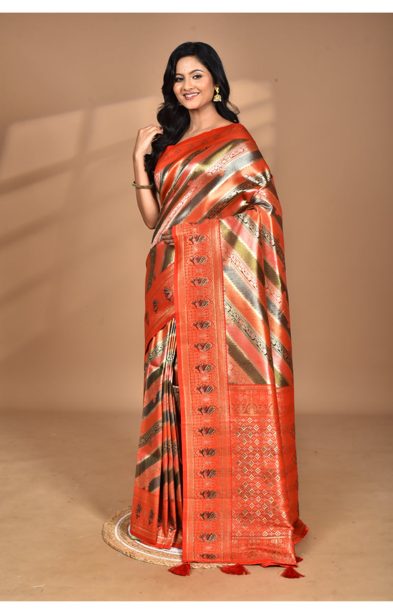 Morchari Ethnic Motifs Silk Blend Dharmavaram Saree-Orange | Grocsy