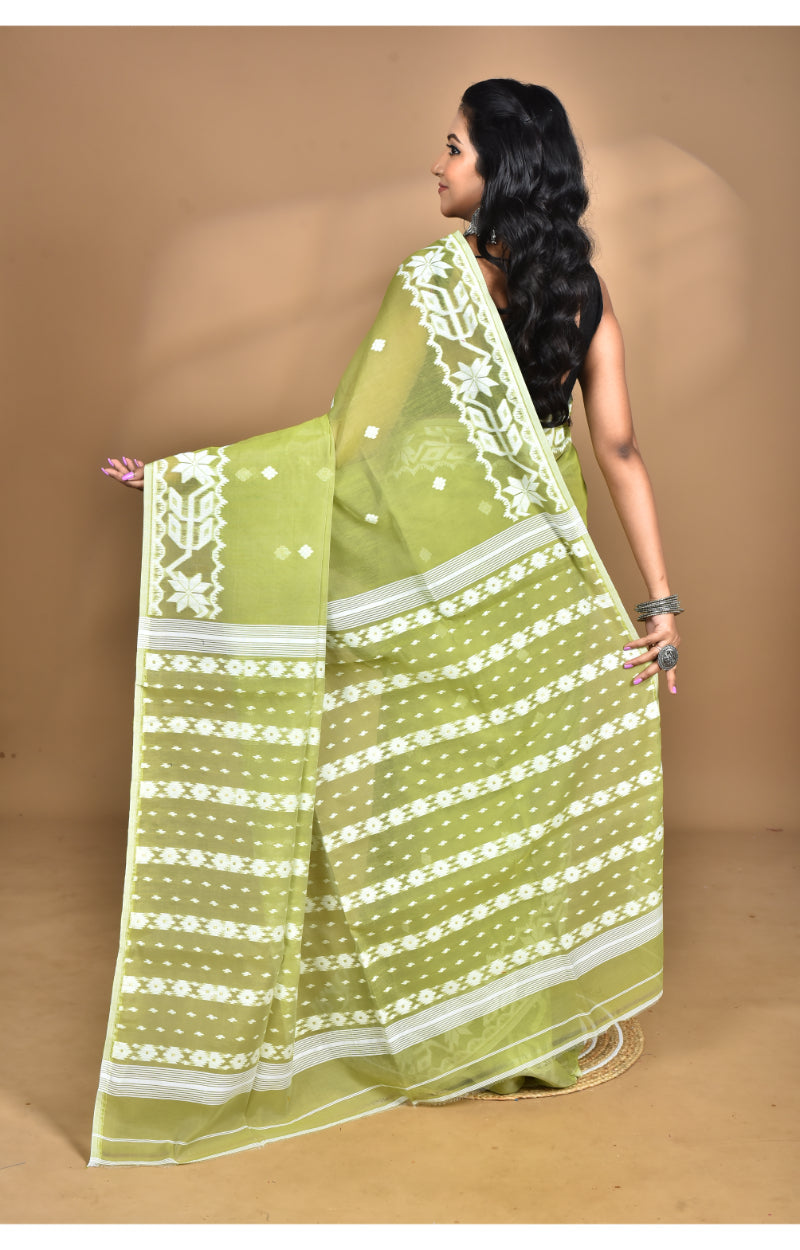 Morchari Pure Cotton Dhakai Jamdani Handloom Saree-Green | Grocsy