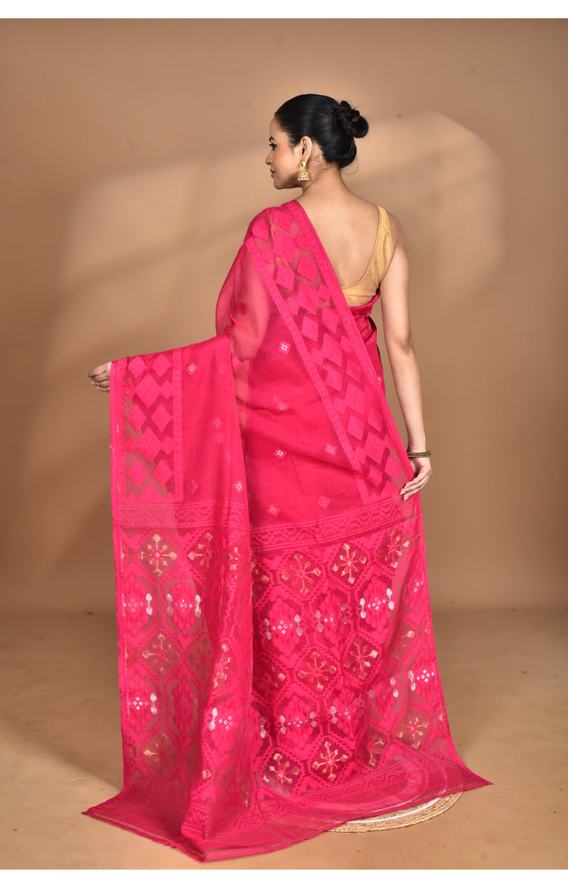 Morchari Pure Cotton Dhakai Jamdani Handloom Saree-Pink | Grocsy