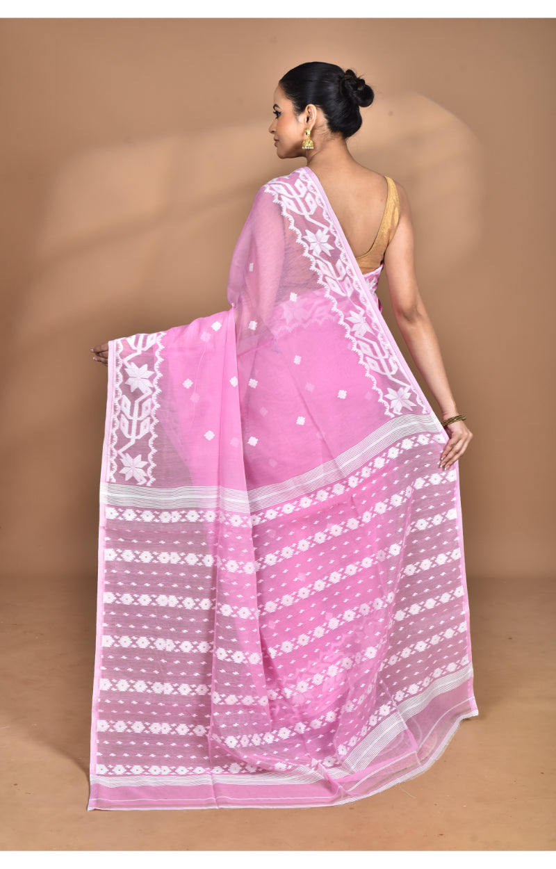 Morchari Pure Cotton Dhakai Jamdani Handloom Saree-Pink | Grocsy