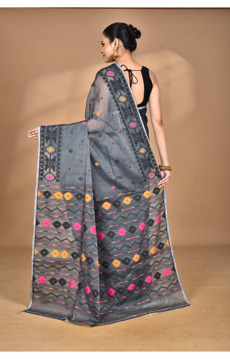 Morchari Pure Cotton Dhakai Jamdani Handloom Saree-Grey | Grocsy