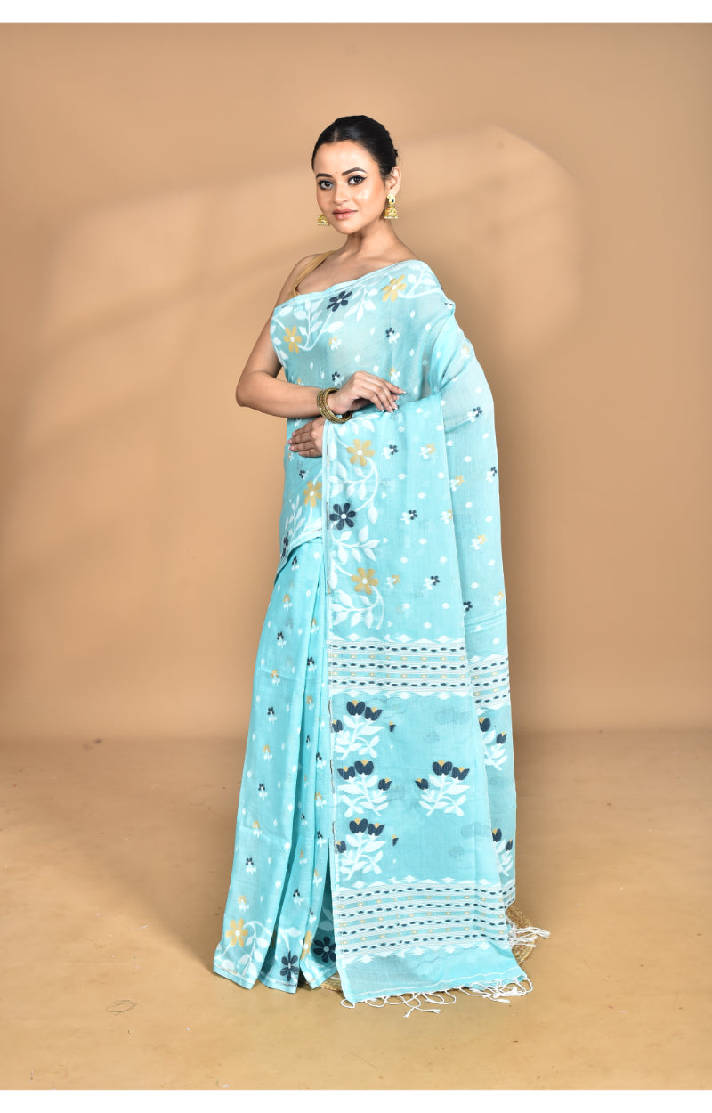Morchari Pure Cotton Dhakai Jamdani Handloom Saree-Blue | Grocsy