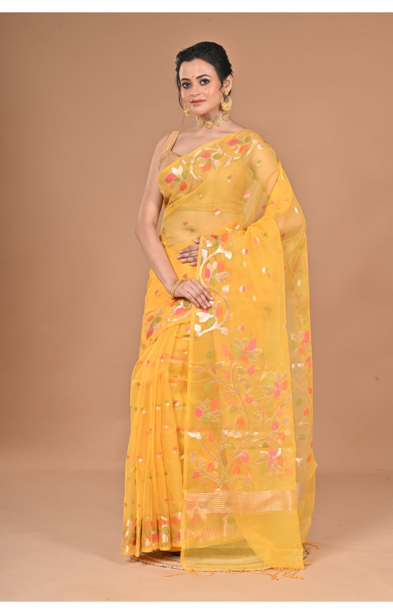 Morchari Heavy Jamdani Silk Orzanga Saree-Yellow | Grocsy
