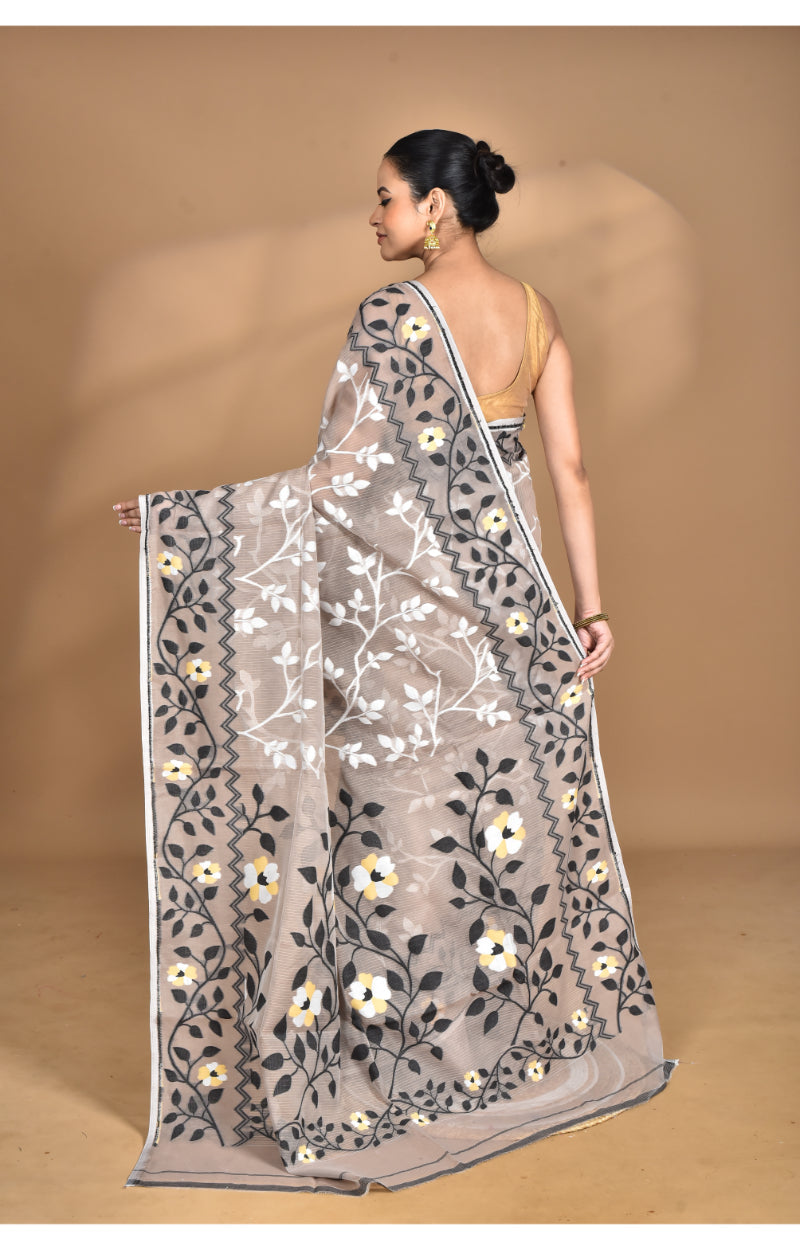 Morchari Pure Cotton Dhakai Jamdani Handloom Saree-Beige | Grocsy