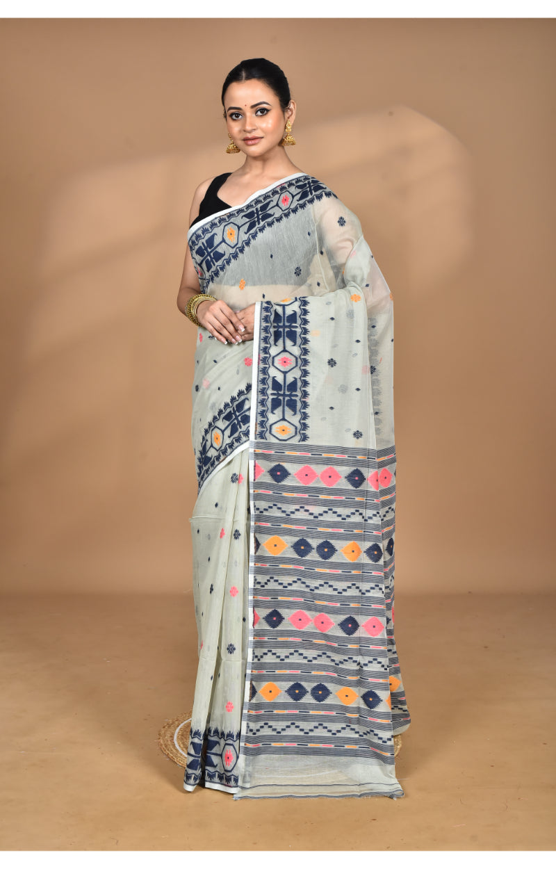 Morchari Pure Cotton Dhakai Jamdani Handloom Saree-Grey | Grocsy