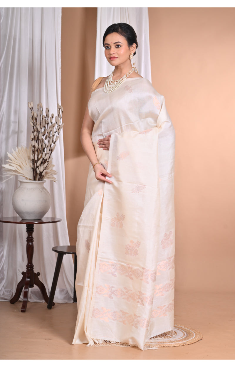 Morchari Pure Tussar Silk Handloom Saree-Cream | Grocsy