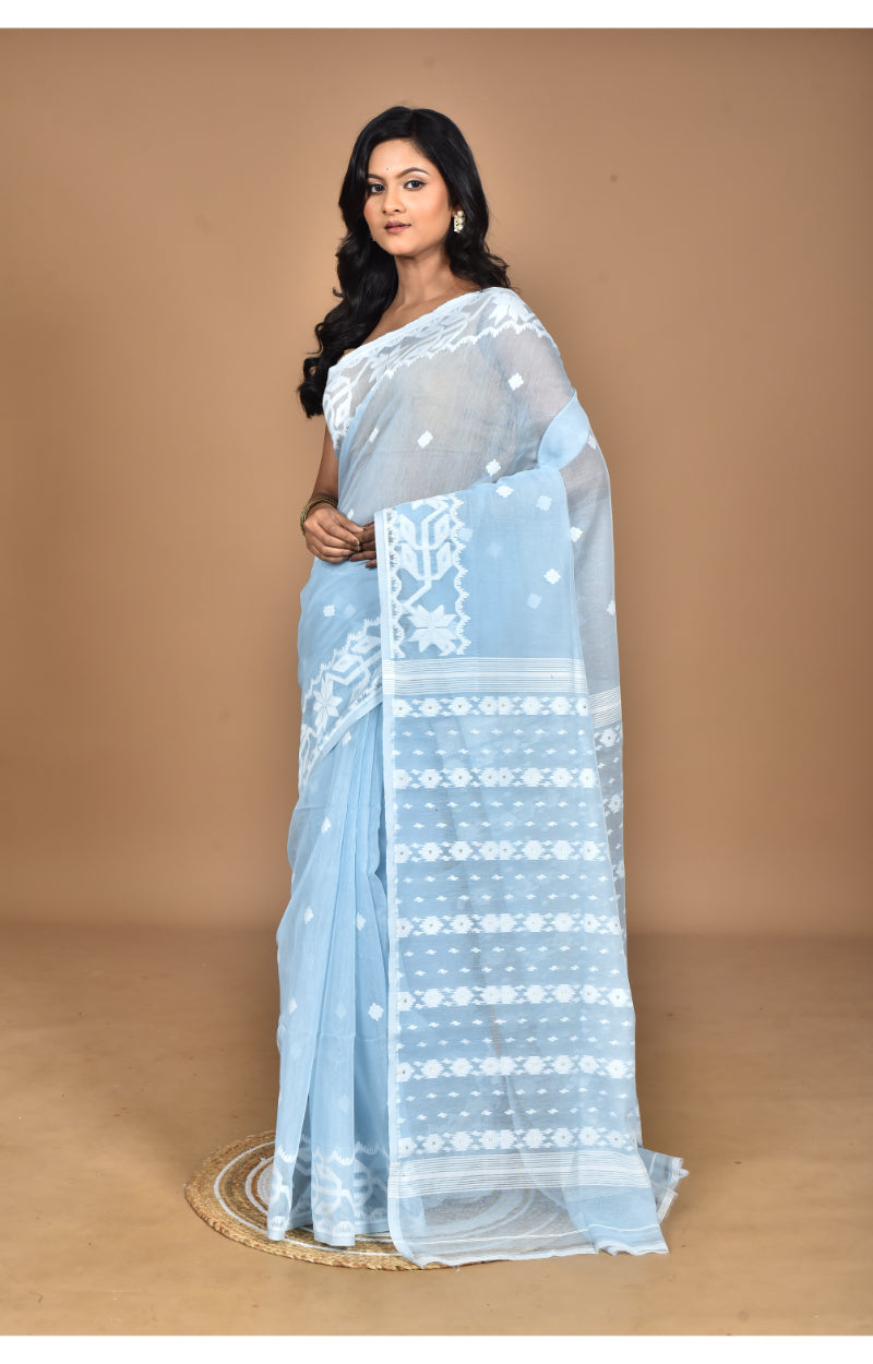 Morchari Pure Cotton Dhakai Jamdani Handloom Saree-Blue | Grocsy