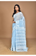 Morchari Pure Cotton Dhakai Jamdani Handloom Saree-Blue | Grocsy