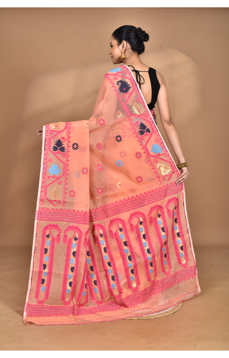 Morchari Pure Cotton Dhakai Jamdani Handloom Saree-Peach | Grocsy