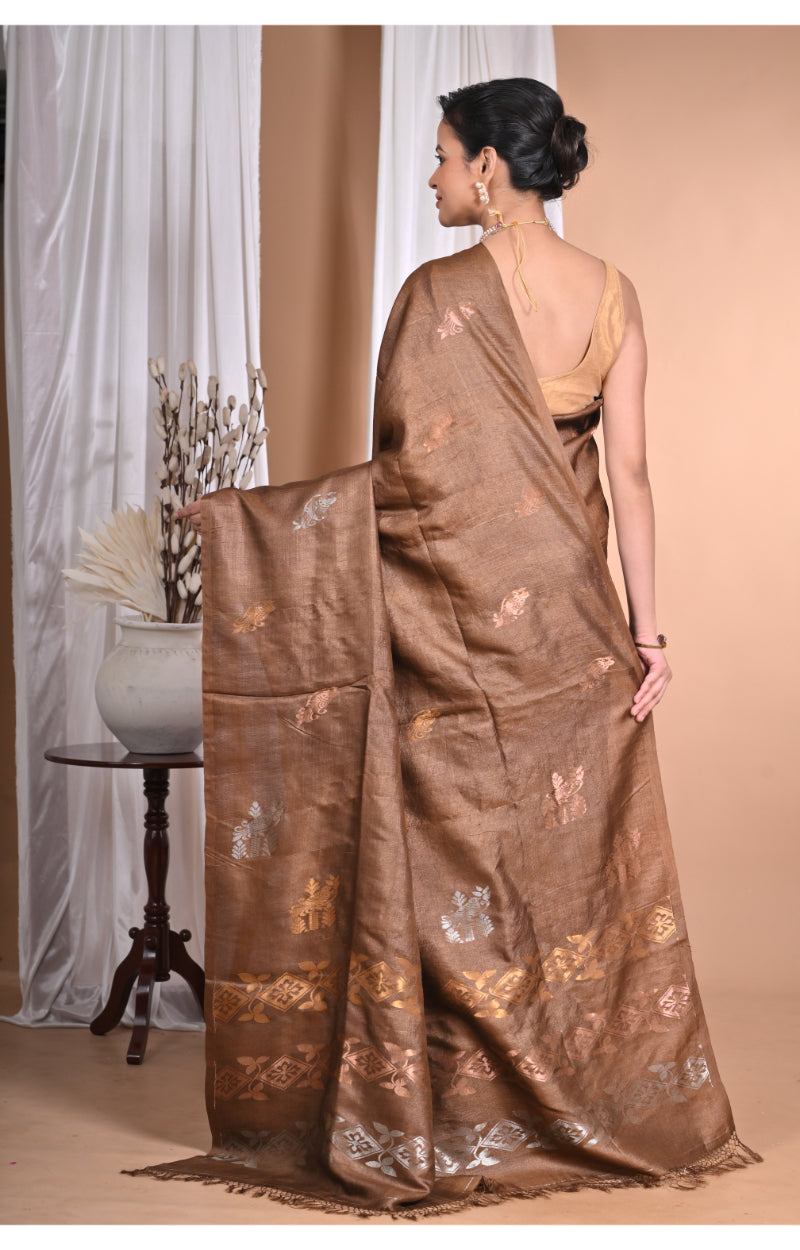 Morchari Pure Tussar Silk Handloom Saree-Coffee Brown | Grocsy