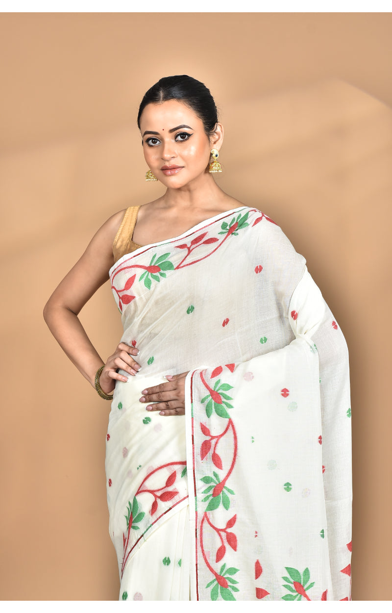 Morchari Pure Cotton Dhakai Jamdani Handloom Saree-Off White | Grocsy