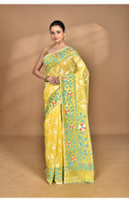 Morchari Pure Cotton Dhakai Jamdani Handloom Saree-Yellow | Grocsy