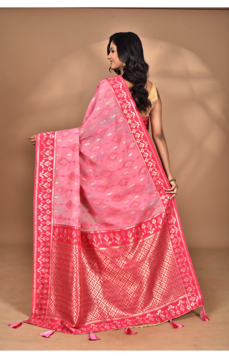 Morchari Women Desgin Kashmiri Silk Linen Saree-Pink | Grocsy
