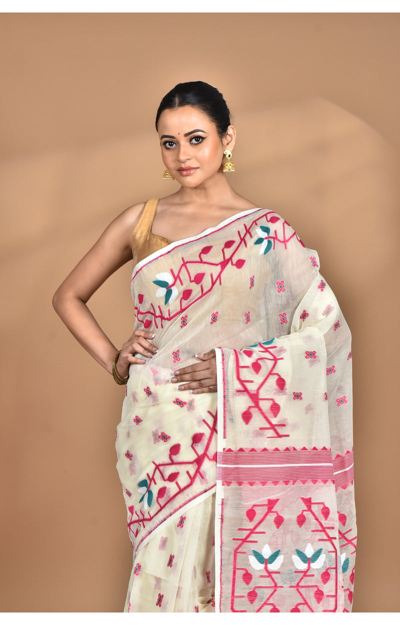Morchari Pure Cotton Dhakai Jamdani Handloom Saree-Cream | Grocsy