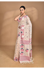 Morchari Pure Cotton Dhakai Jamdani Handloom Saree-Beige | Grocsy