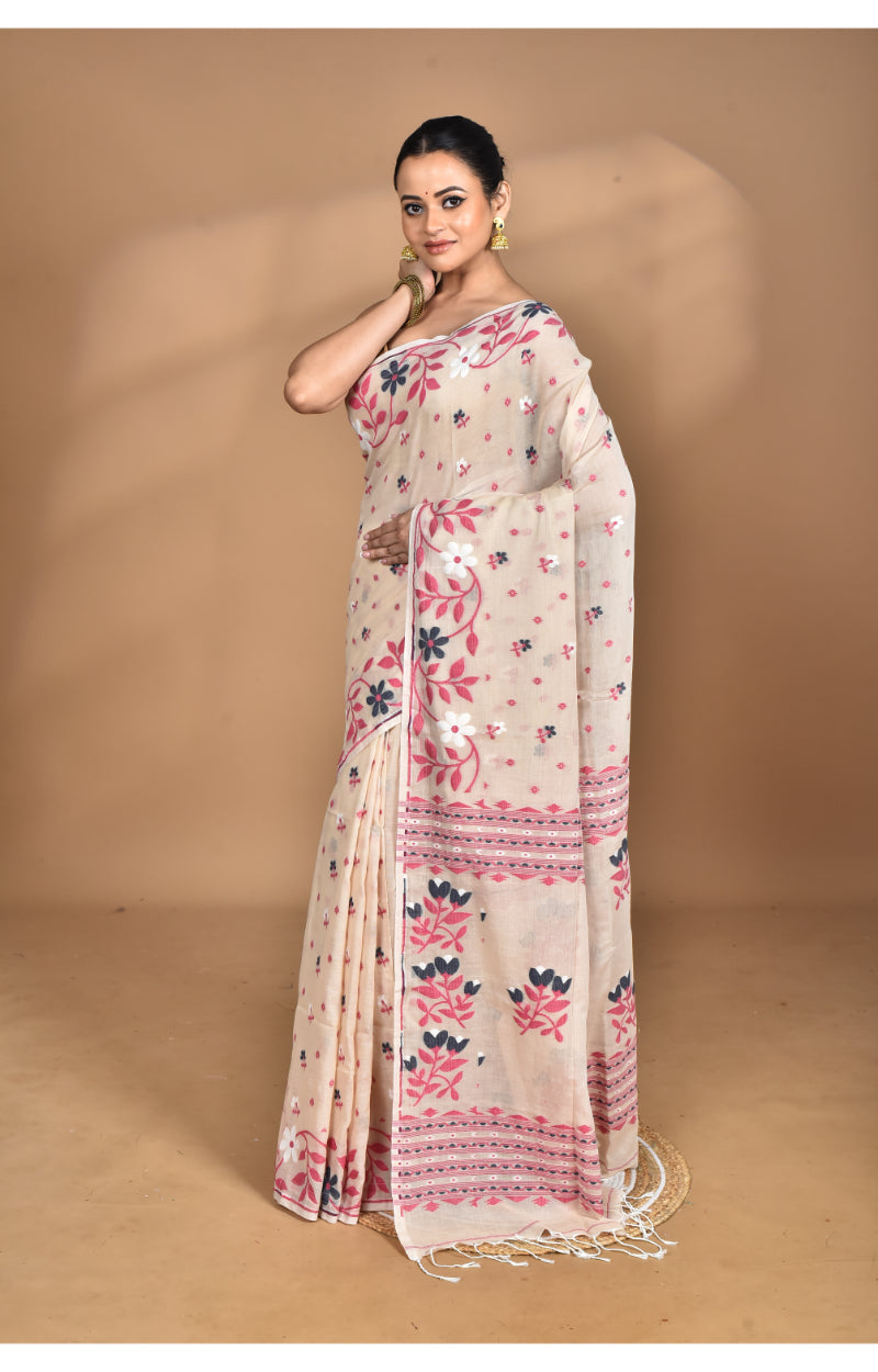 Morchari Pure Cotton Dhakai Jamdani Handloom Saree-Beige | Grocsy