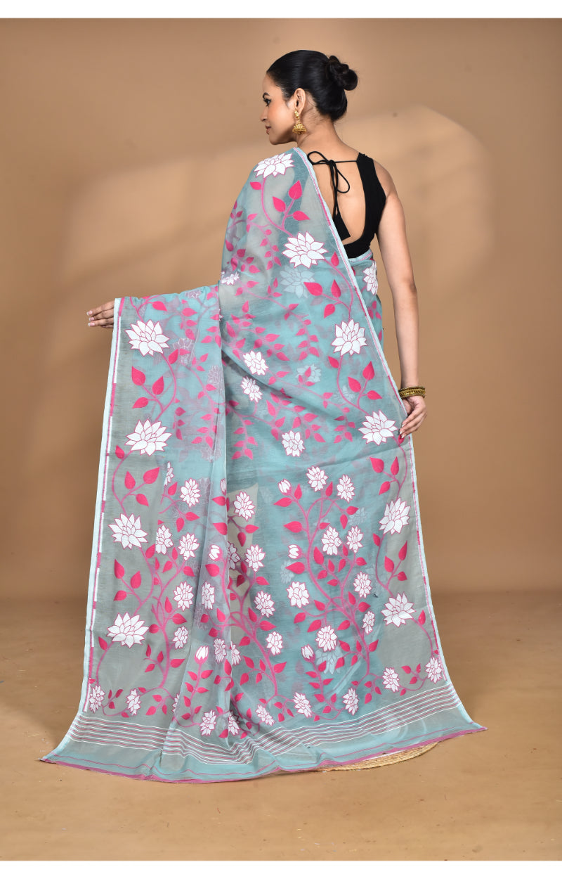 Morchari Pure Cotton Dhakai Jamdani Handloom Saree-Blue | Grocsy