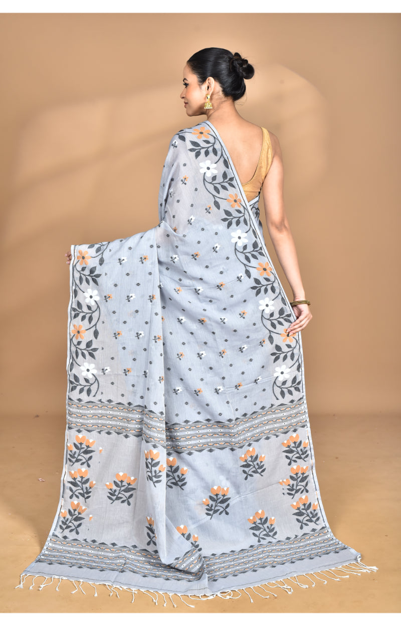 Morchari Pure Cotton Dhakai Jamdani Handloom Saree-Grey | Grocsy