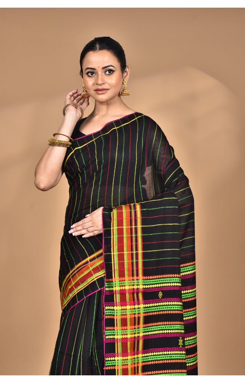 Morchari Pure Cotton Dhakai Jamdani Handloom Saree-Black | Grocsy