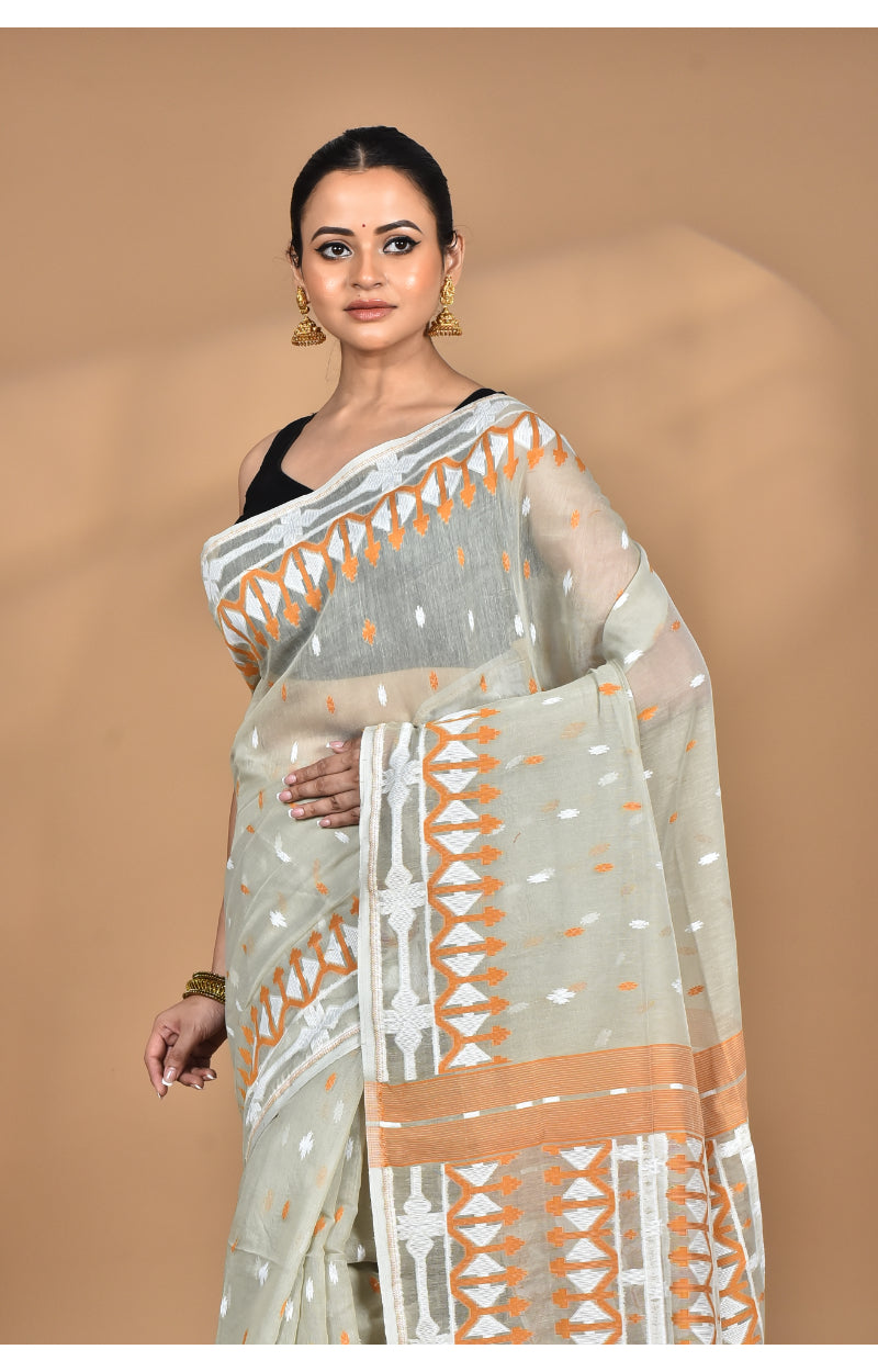 Morchari Pure Cotton Dhakai Jamdani Handloom Saree-Beige | Grocsy
