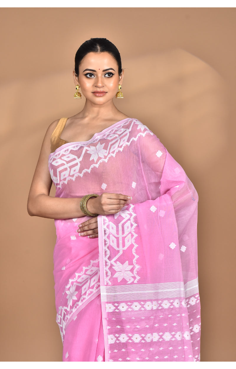 Morchari Pure Cotton Dhakai Jamdani Handloom Saree-Pink | Grocsy