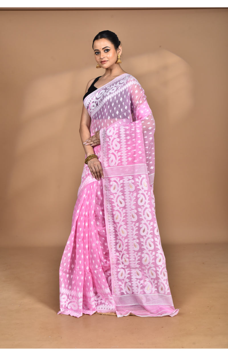 Morchari Pure Cotton Dhakai Jamdani Handloom Saree-Pink | Grocsy