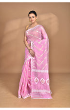 Morchari Pure Cotton Dhakai Jamdani Handloom Saree-Pink | Grocsy