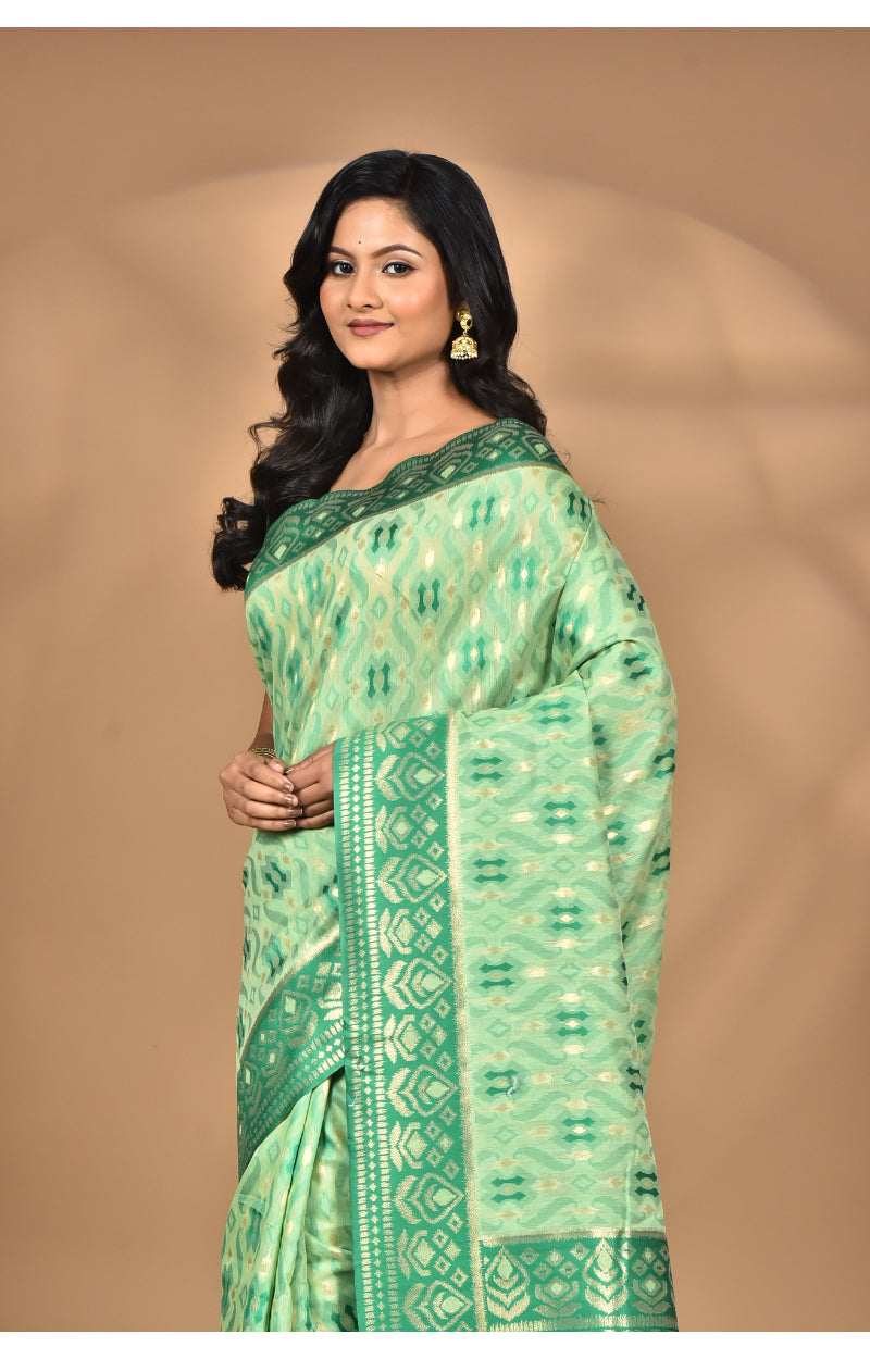 Morchari Women Desgin Kashmiri Silk Linen Saree-Green | Grocsy
