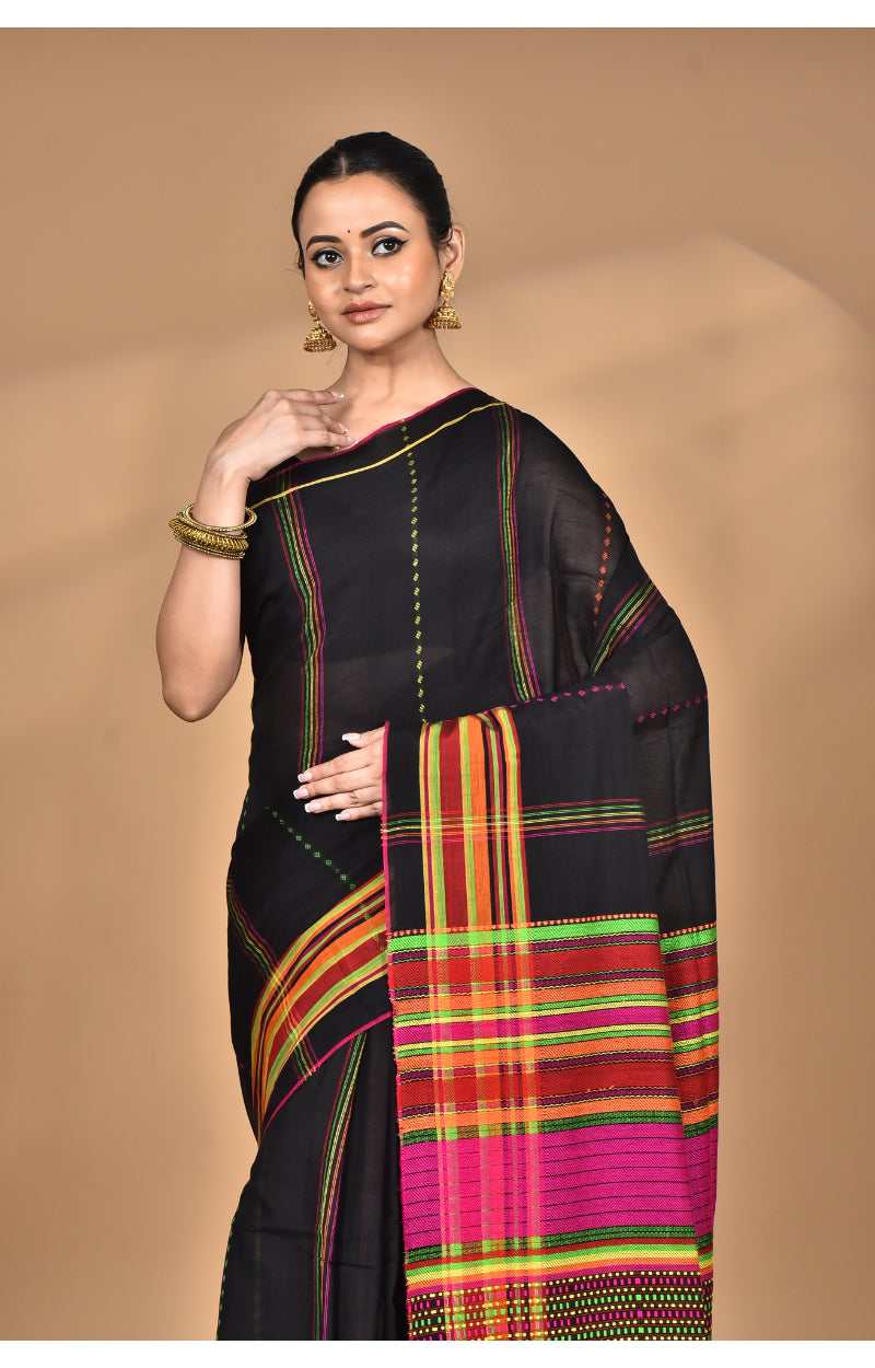 Morchari Pure Cotton Dhakai Jamdani Handloom Saree-Black | Grocsy